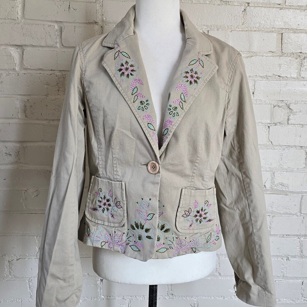 ​Vintage Y2K Floral Embroidered Tan Blazer Jacket​┃Cottagecore Fairycore Size 10